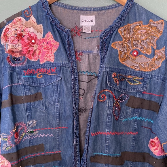 Women's Sz 2 Chicos embroidered embellished denim shacket jacket top - Picture 6 of 11